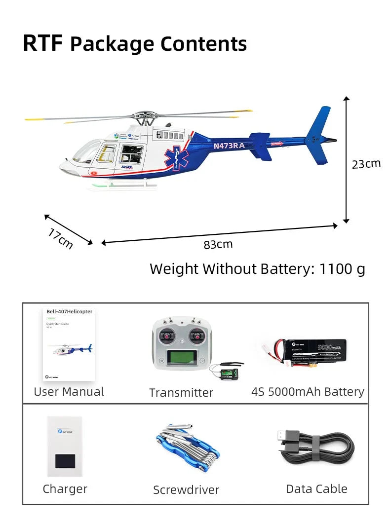 FLY WING Bell-407 470L 4-Blade ACE GPS/ATT RC Scale Helicopter – RTF | India - Ozzy Toys